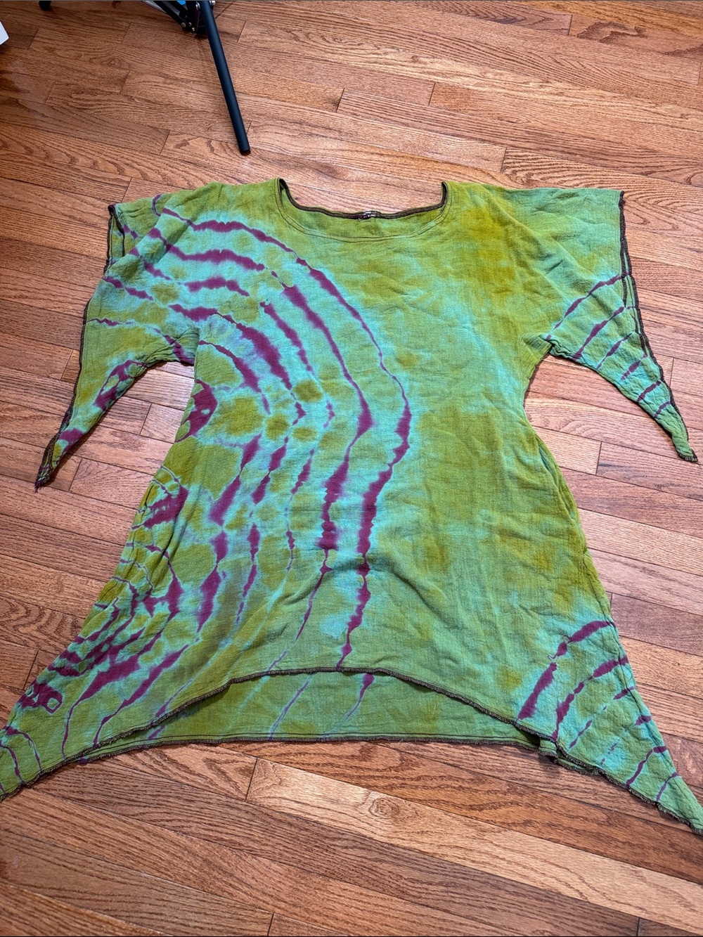 Boho Fairycore Hand-Dyed Tie Dye Pixie Hem Tunic Top - Olive Green & Purple o/s